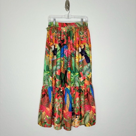 Rachel Zoe Tropical Jungle Print Maxi Skirt Size Medium Elastic Waist Tie Toucan - Picture 6 of 8